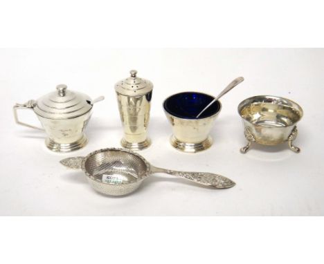 Silver, comprising; a three piece condiment set, comprising, a mustard pot, a pepperette and a salt, Birmingham 1948, with tw