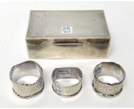 Silver and silver mounted wares, comprising; a napkin ring, with floral engraved decoration, Sheffield 1905, two further napk