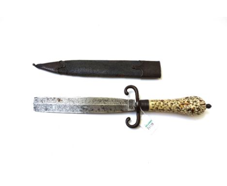 A Persian dagger, early 19th century with double edged steel blade (lacking tip) and ivory inlaid handle with a fish-skin and