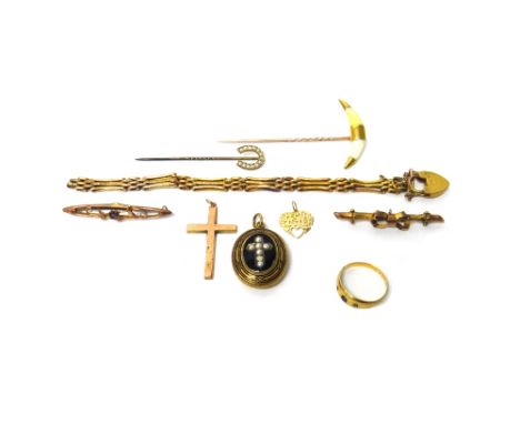 A gold topped and seed pearl set stick pin, with a horseshoe finial, detailed 9 CT, another gold mounted stick pin, a gold pe