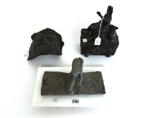 Michael Kenny, (1941-2000), abstract figural sculpture dated 1963, 29cm wide, an African metal casket with seated figure to l