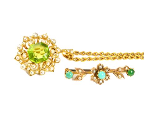 A gold, peridot and seed pearl set pendant brooch, mounted with the octagonal step cut peridot at the centre, within a scroll