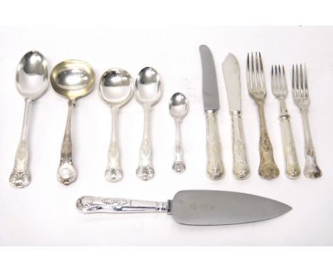 A quantity of Kings pattern table flatware, comprising, four tablespoons, eight steel bladed table knives, eight table forks,