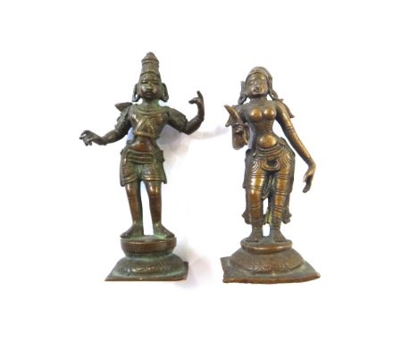 A near pair of small bronze figures of Rama and Sita, South India, 19th century, each standing on a lotus base, Rama with a  