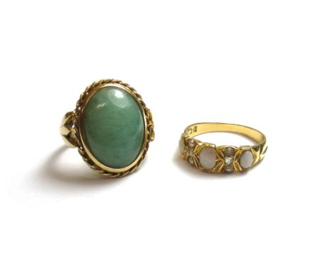 A Victorian 18ct gold, opal, rose diamond and half pearl set ring, Birmingham 1883, ring size P and a half and a 9ct gold rin