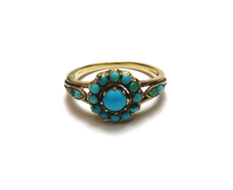 A Victorian gold and turquoise set cluster ring, mounted with the principle circular turquoise at the centre, within a surrou