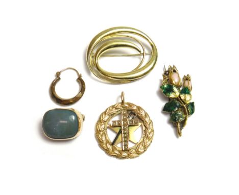 A gold brooch, in a swirling oval design, detailed 585, a gold, diamond set and green enamelled brooch, designed as a spray, 