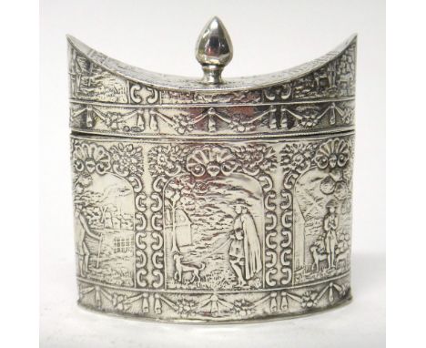 A silver oval hinge lidded tea caddy, embossed with scenes of figures with dogs, in landscape scenes within arcaded borders, 
