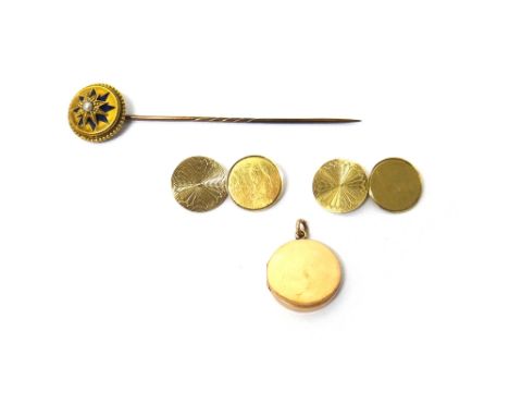 A Victorian gold, blue enamelled and half pearl set stick pin, a circular pendant locket and a pair of 9 ct gold circular cuf