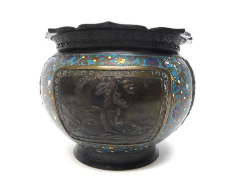 A Japanese bronze and champleve enamel  jardiniere, Meiji period, decorated with two raised panels depicting a figure in a la