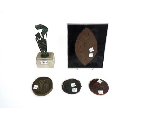 A patinated bronze by R O'Connor, torso and drapes on an alabaster base, 20.5cm high, a metal abstract panel by Donald Wells,