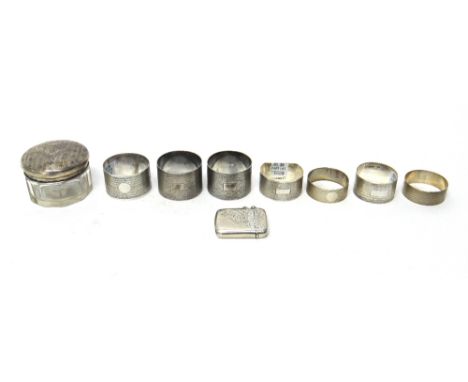Silver and silver mounted wares, comprising; a pair of napkin rings with engine turned decoration, Birmingham 1943, five furt