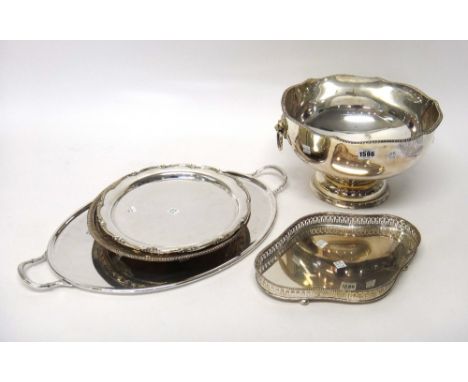Plated wares, comprising; a twin handled punch bowl, with lion mask and ring handles, a twin handled oval tray, a small galle