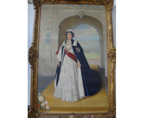 Sir William Oliphant Hutchison (1889-1970), Portrait of Her Majesty the Queen, oil on canvas, 245cm x 153cm., in a carved gil