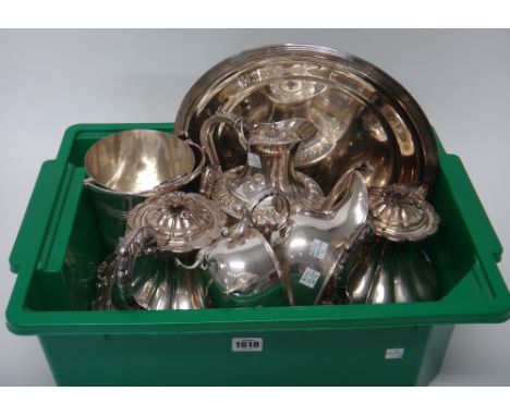 Plated wares, comprising; two shaped rectangular lidded entree dishes with detachable handles, a circular salver, a silver te