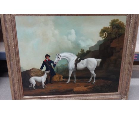 Tim K. Brown, after George Stubbs, A grey Hunter with a greyhound at Cresswell Crags, oil on canvas, signed and dated 1994 on