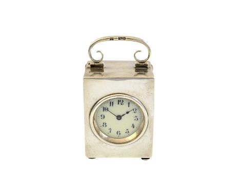 A late Victorian silver rectangular cased carriage clock timepiece, with a keyless wind movement, the circular enamelled dial