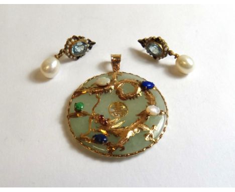  A pair of freshwater cultured pearl, blue topaz and enamelled earrings and an Oriental jade, opal and gem set circular penda