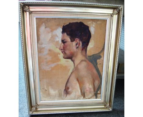 George Hampton (1928-1997), Portrait study of the artist's son, oil sketch on board, signed, 50cm x 40cm.