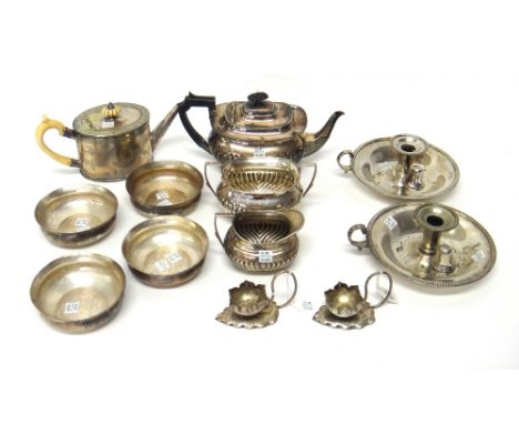 A set of four Islamic bowls, of circular form with engraved decoration and plated wares, comprising; a pair of salts, each of