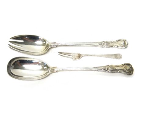 A late Victorian pair of silver Kings pattern salad servers, London 1897 and a silver christening fork (lacking one prong), c