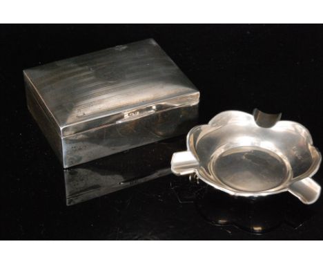 A hallmarked silver cigarette box with engine turned decoration, together with a similar ashtray Birmingham 1937 and Sheffiel