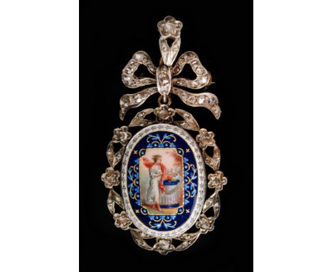 A 19th Century diamond and enamelled decorated pendant brooch, central oval enamel panel with a standing Romanesque woman fee