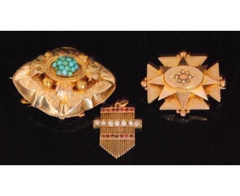 Two 19th Century brooches a coral and seed pearl set example, an oval brooch with central turquoise cluster, together with a 
