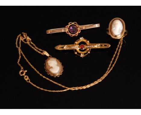 A 9ct cameo ring, with a similar pendant suspended from hayseed link chain, a garnet and seed pearl bar brooch and a single s