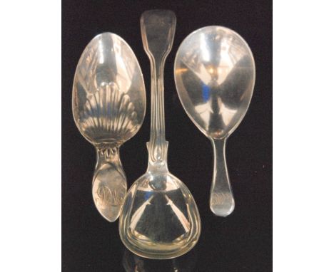 A George III hallmarked silver caddy spoon with part fluted ovoid bowl, Sheffield 1800 Nathaniel Smith and Co, another with p