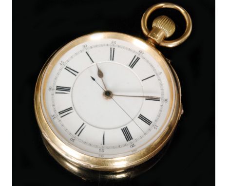 A late 19th Century 18ct hallmarked open faced crown wind chronograph pocket watch, Roman and Arabic numerals to a white enam