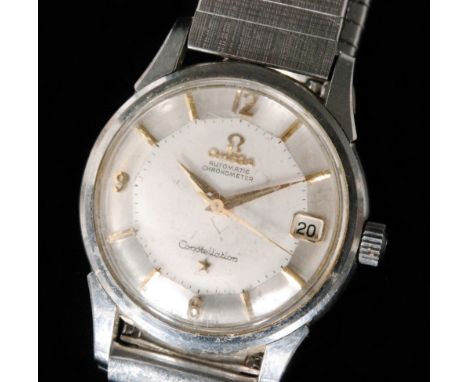 A mid 20th Century stainless steel gentleman's Omega automatic chronometer Constellation with Arabic numerals and batons to a