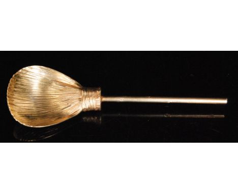 A George V hallmarked silver gilt caddy or sugar spoon cast in the form of a besom or broom, length 18cm, weight  1.9oz, Lond