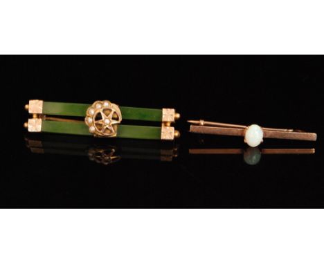 An early 20th Century 9ct rose gold bar brooch with single opal, together with a nephrite and seed pearl example. (2). 