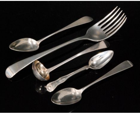 Four items of hallmarked Scottish silver flatware three spoons and a toddy ladle, various dates, together with a Georgian sil