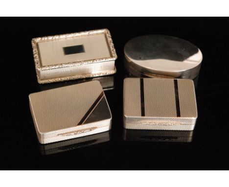 Four 1980s hallmarked silver rectangular boxes, one plain and three with engine turned decoration and two with gilt highlight