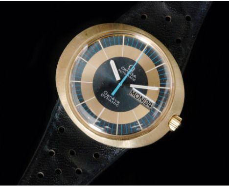 A 1970s gentleman's Omega Geneve Dynamic manual wind wristwatch, the oval shaped blue and gilt metal two tone dial with white