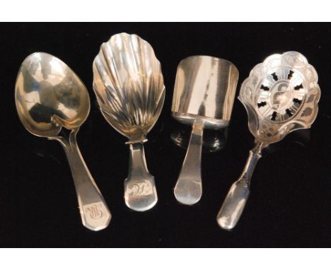 A George III hallmarked silver caddy spoon with heart shaped bowl with bifurcated handle, London 1802 Josiah Snatt, another w