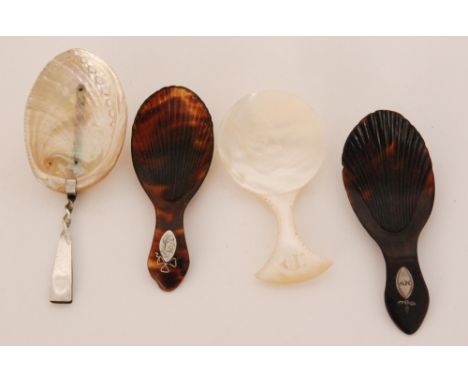 A 19th Century tortoiseshell caddy spoon with rayed shell bowl and inset silver pique work cartouche, another smaller example