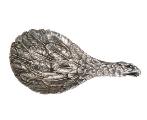 A Victorian hallmarked silver caddy spoon 'Eagle's Wing', the bowl with finely chased feathers, eagle's neck handle and hooke