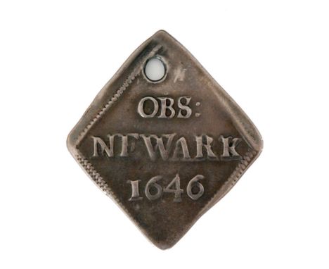 Charles I - A Newark besieged shilling, 1646, beaded edge, diamond shape and holed to top, C to left and R to right, reverse 