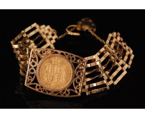 A 9ct six bar gate bracelet terminating in padlock fastener loose set with Victorian shield back half sovereign dated 1884 to