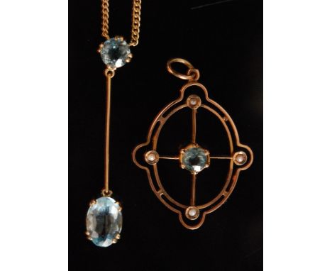 An early 20th Century two stone blue zircon pendant suspended from fine curb chain, together with a similar Edwardian oval zi