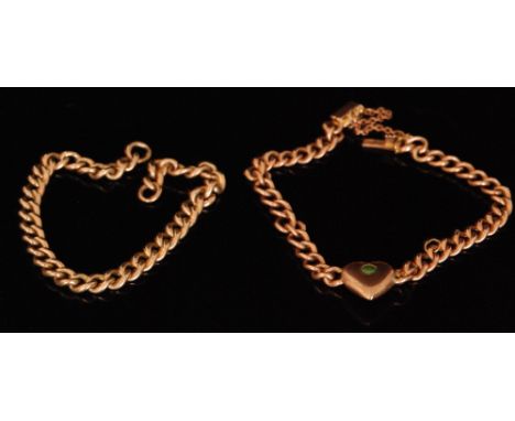 An early 20th Century 9ct rose gold curb link bracelet with central heart panel set with seed pearl and turquoise, terminatin
