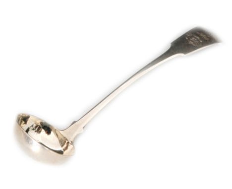 A Scottish provincial silver fiddle pattern toddy ladle with engraved crest and initials to terminal, length 17cm, Dumfries c