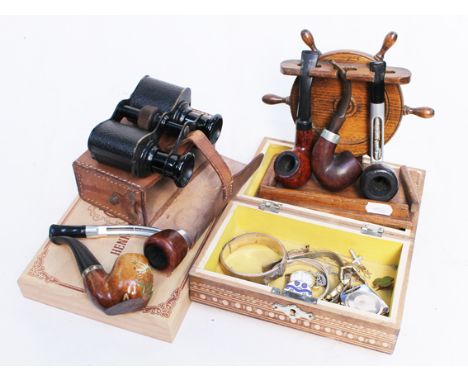 A mixed lot comprising various jewellery vintage pipes, French binoculars etc.
