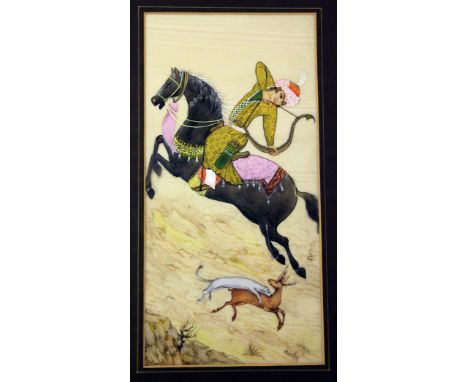 An Indian painted ivory panel depicting a hunting scene. Signed. 12cm x 24cm