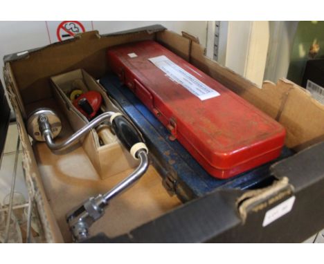 A box containing a selection of assorted tools to include socket sets &amp; drills