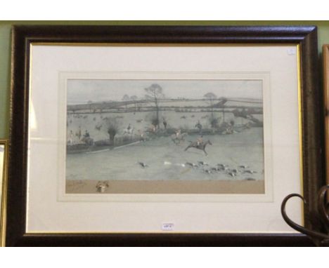 A Cecil Aldin hunting print signed to the mount with a sketch of a fox mask 33 x 63cm