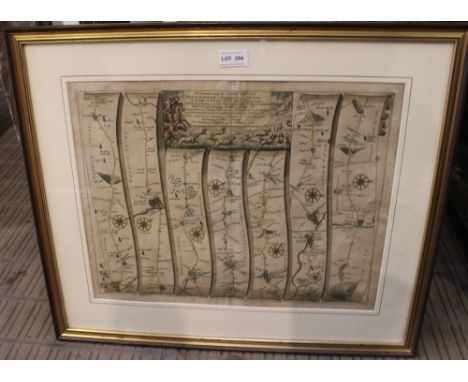 Antique John Ogilby 'route map' Banbury to Bridgnorth' later hand coloured